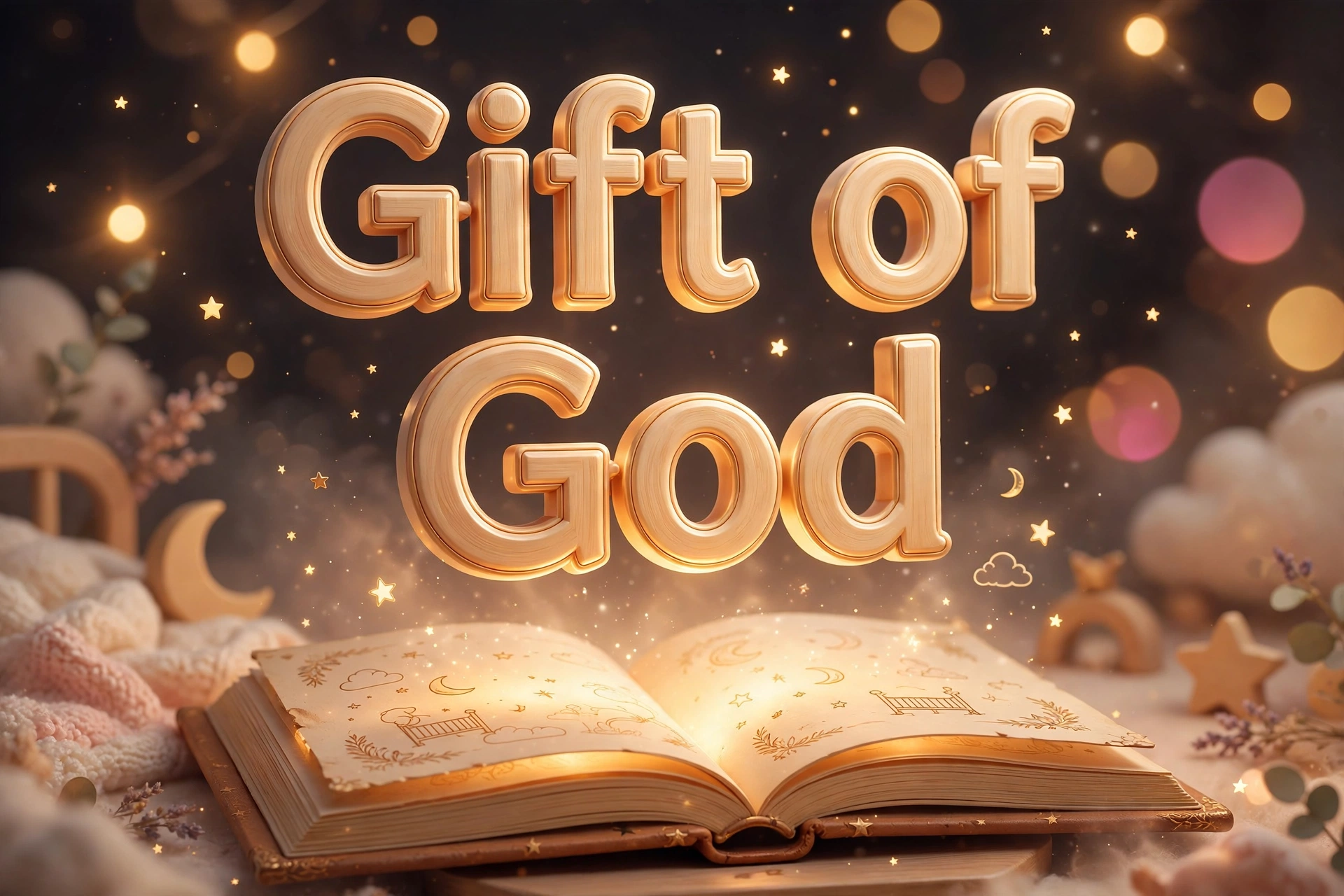 Gift of God names for boys — 3D floating text above a glowing storybook