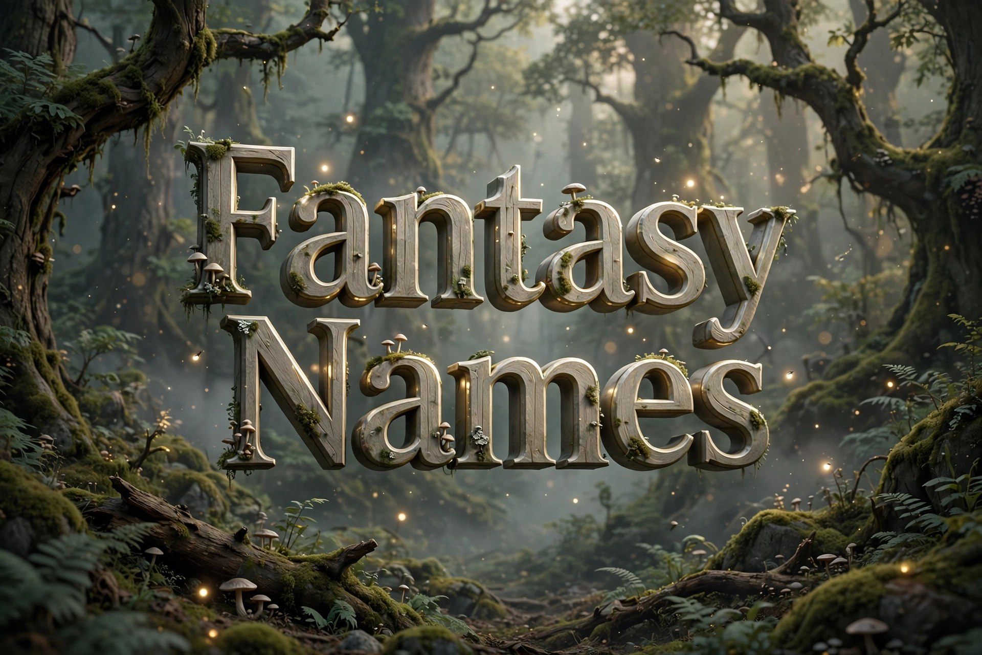 Fantasy girl names for OCs — 3D floating text over an enchanted forest scene