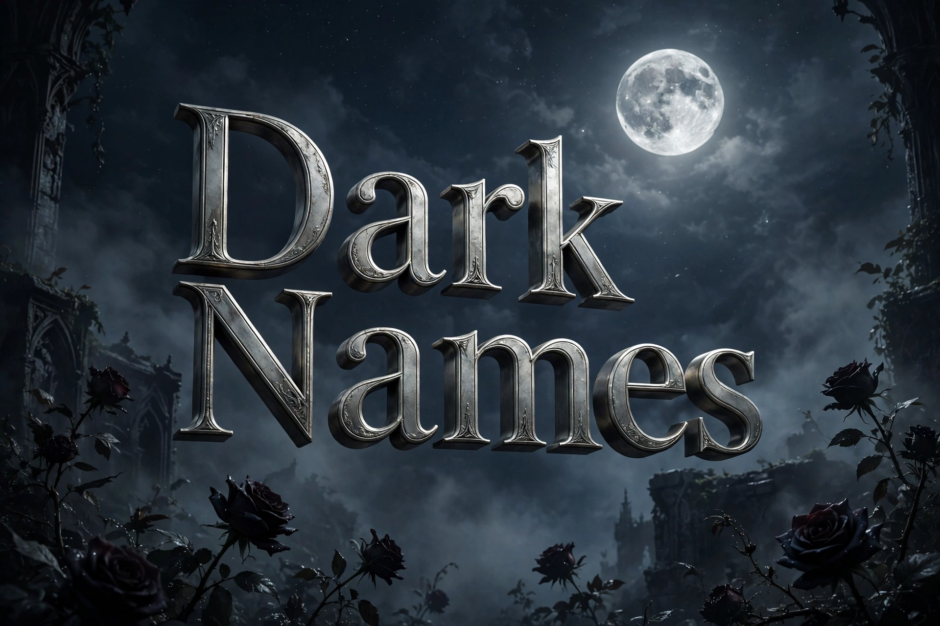 Dark mysterious girl names for OCs — 3D floating text over a moonlit gothic scene
