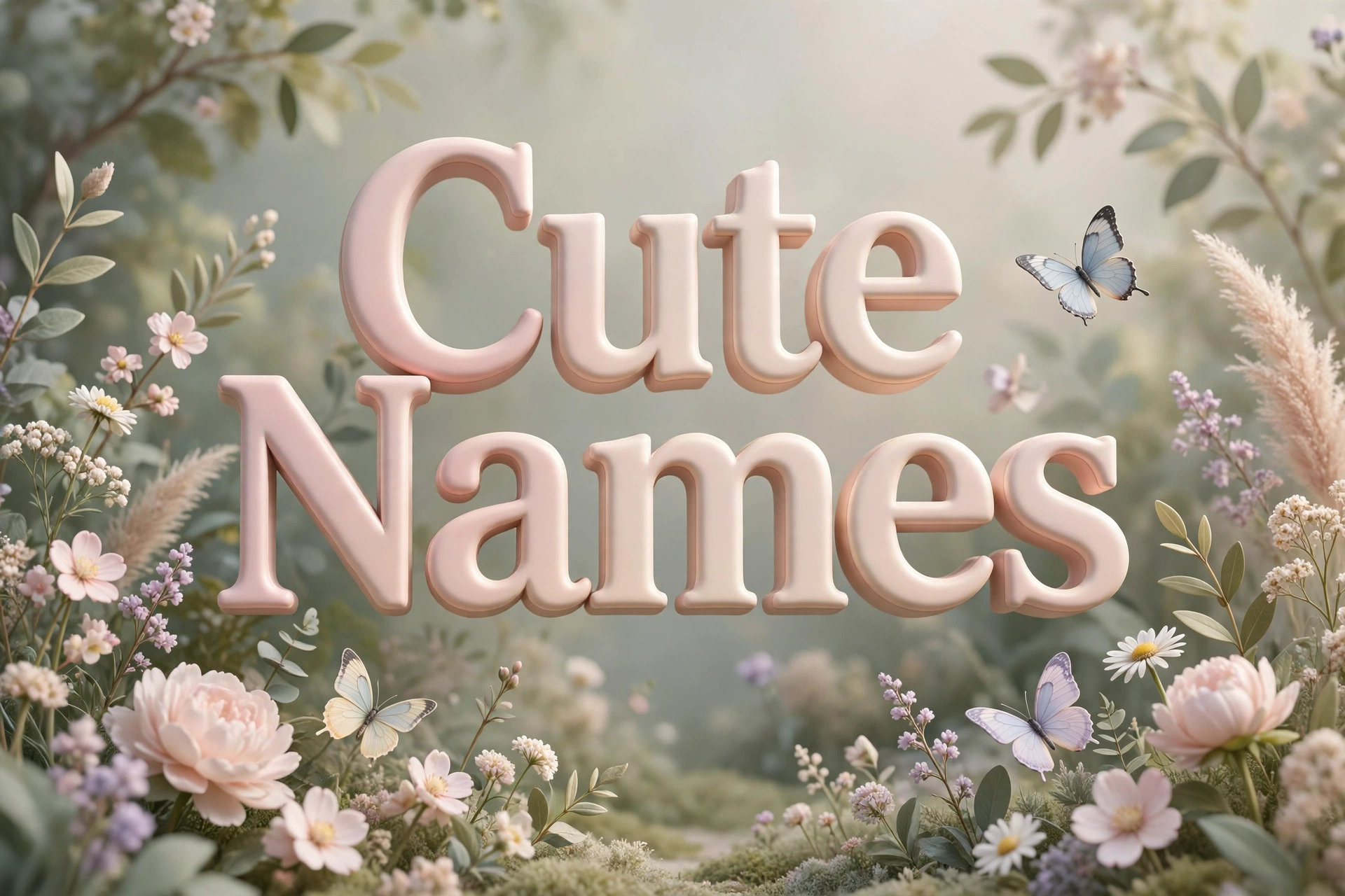 Cute girl names for OCs — 3D floating text over a pastel garden scene