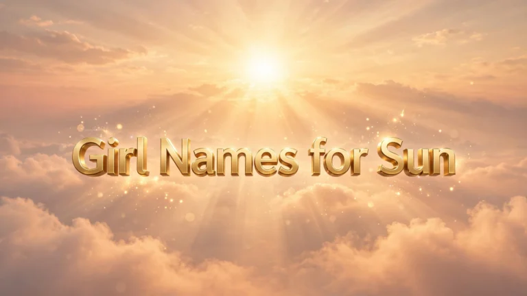 150 girl names for sun — golden 3D floating text over a radiant sunrise