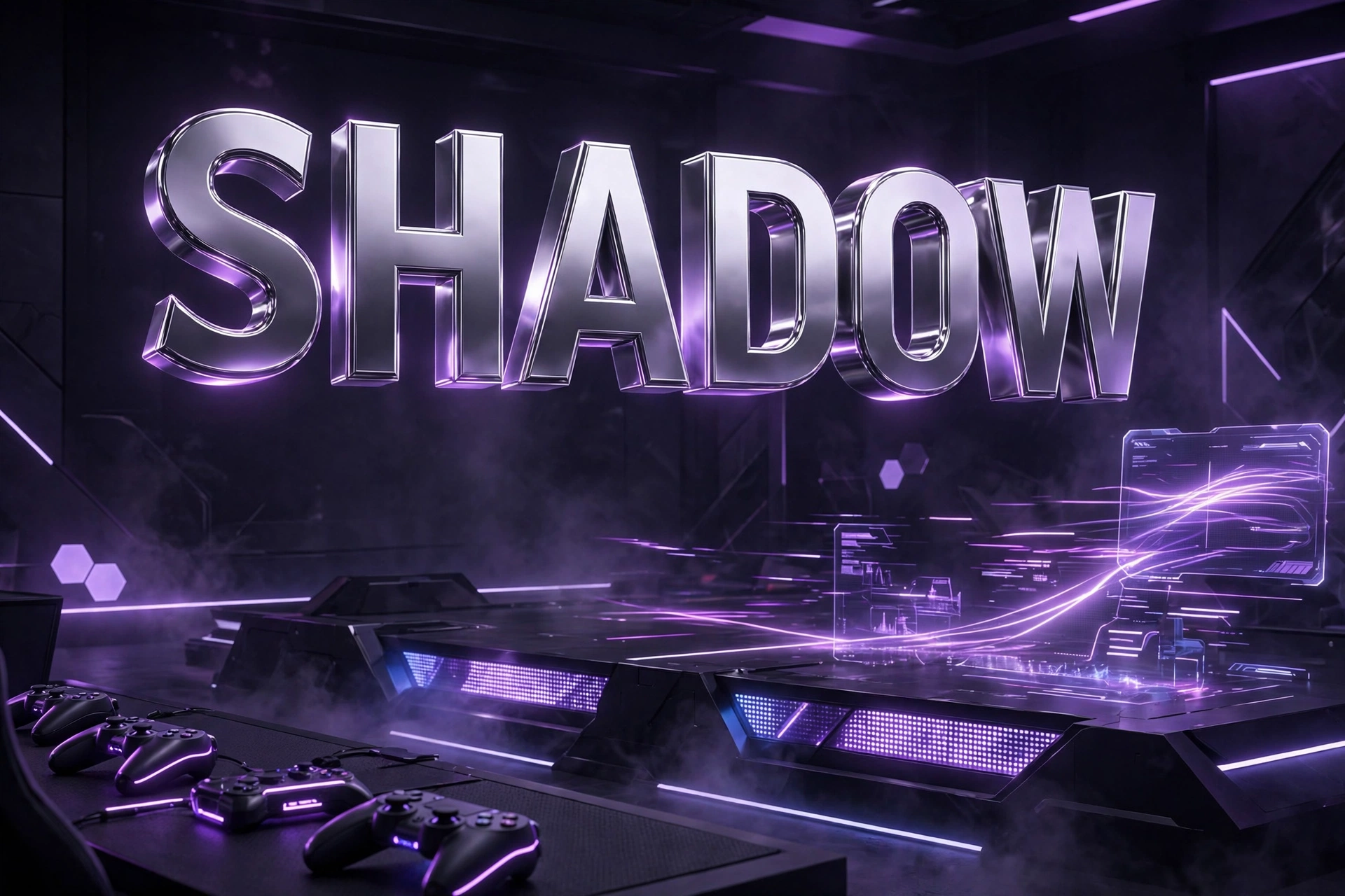 Shadow code name — 3D floating text in a neon gaming arena, good code names for boys