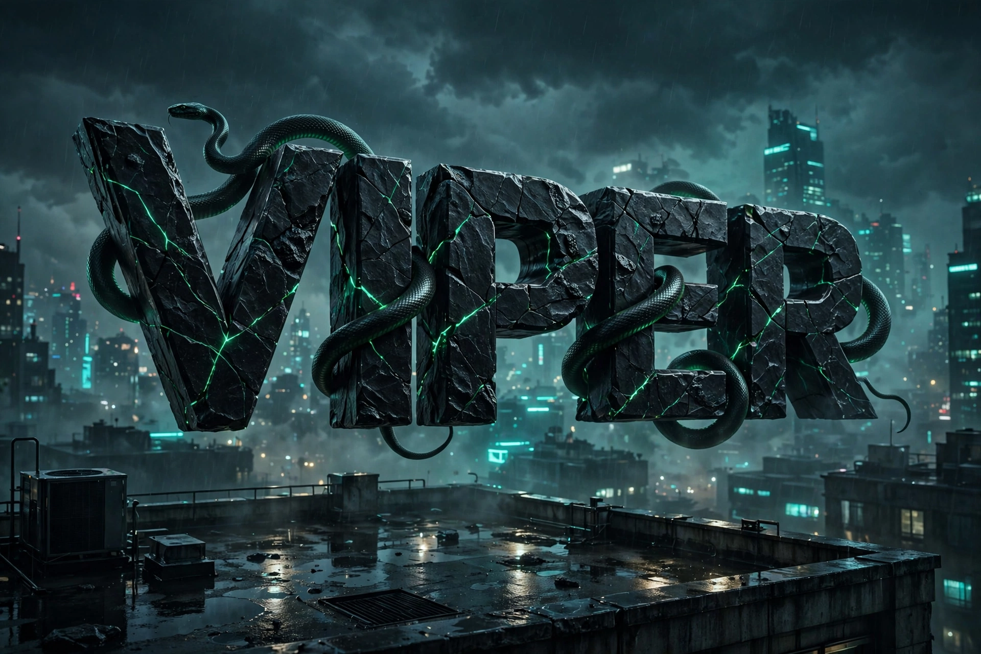 Viper code name — 3D floating text over a neon city, good code names for boys