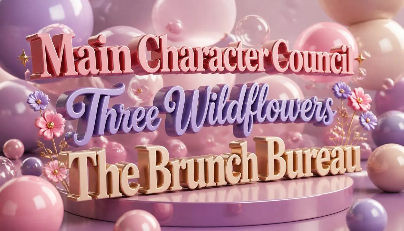 Floating 3D text Main Character Council, Three Wildflowers and The Brunch Bureau over blush bubbles