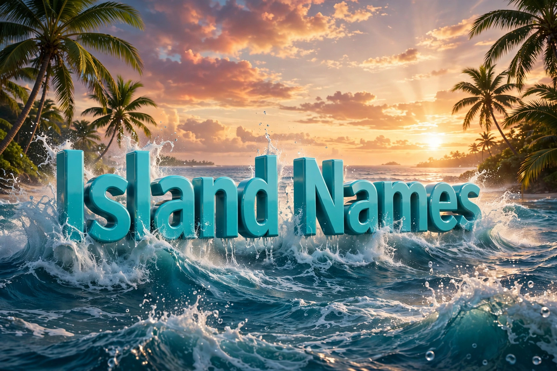 Island names for boys — turquoise 3D floating text rising from tropical ocean waves