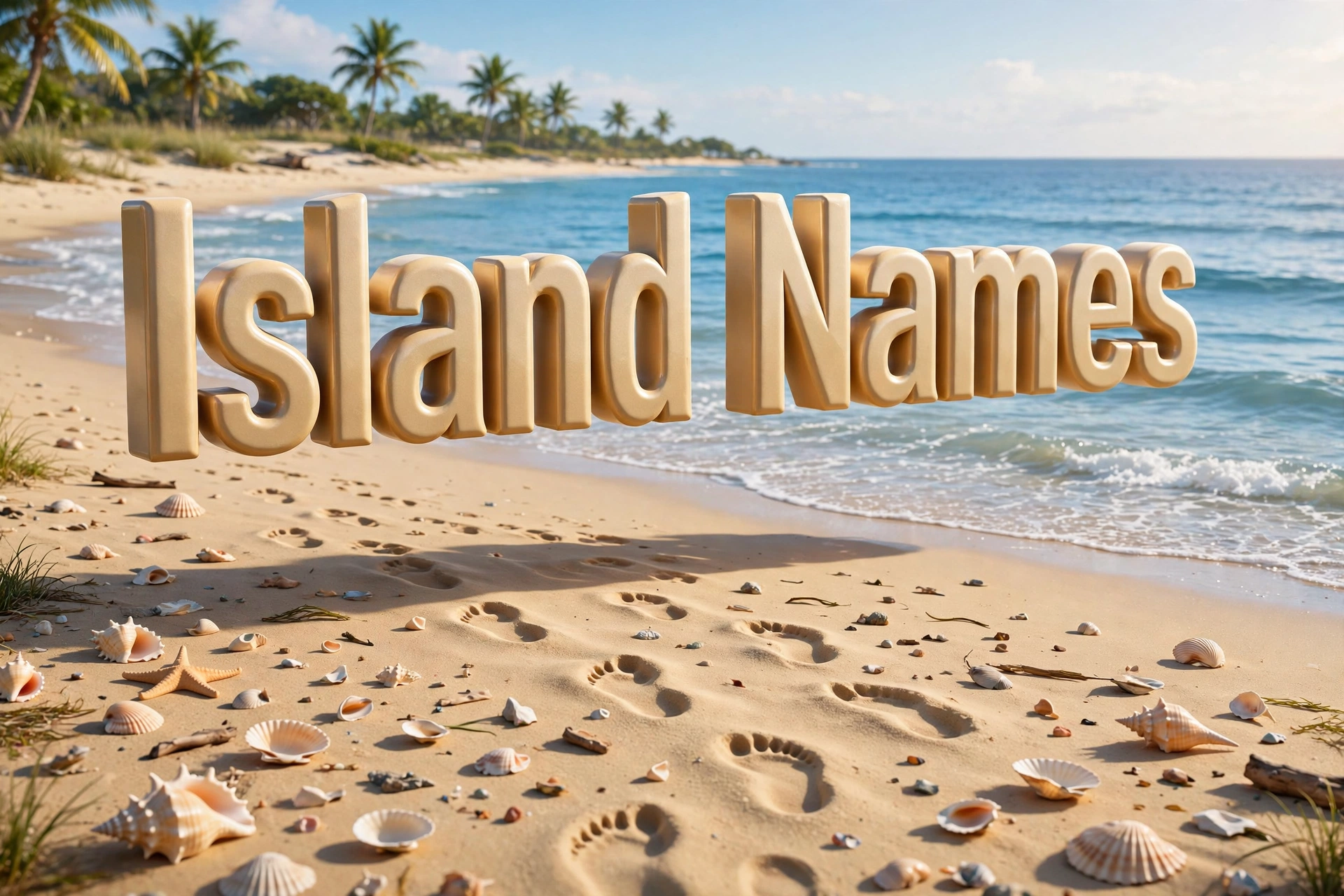 Island names for boys — 3D floating text over a sandy tropical beach
