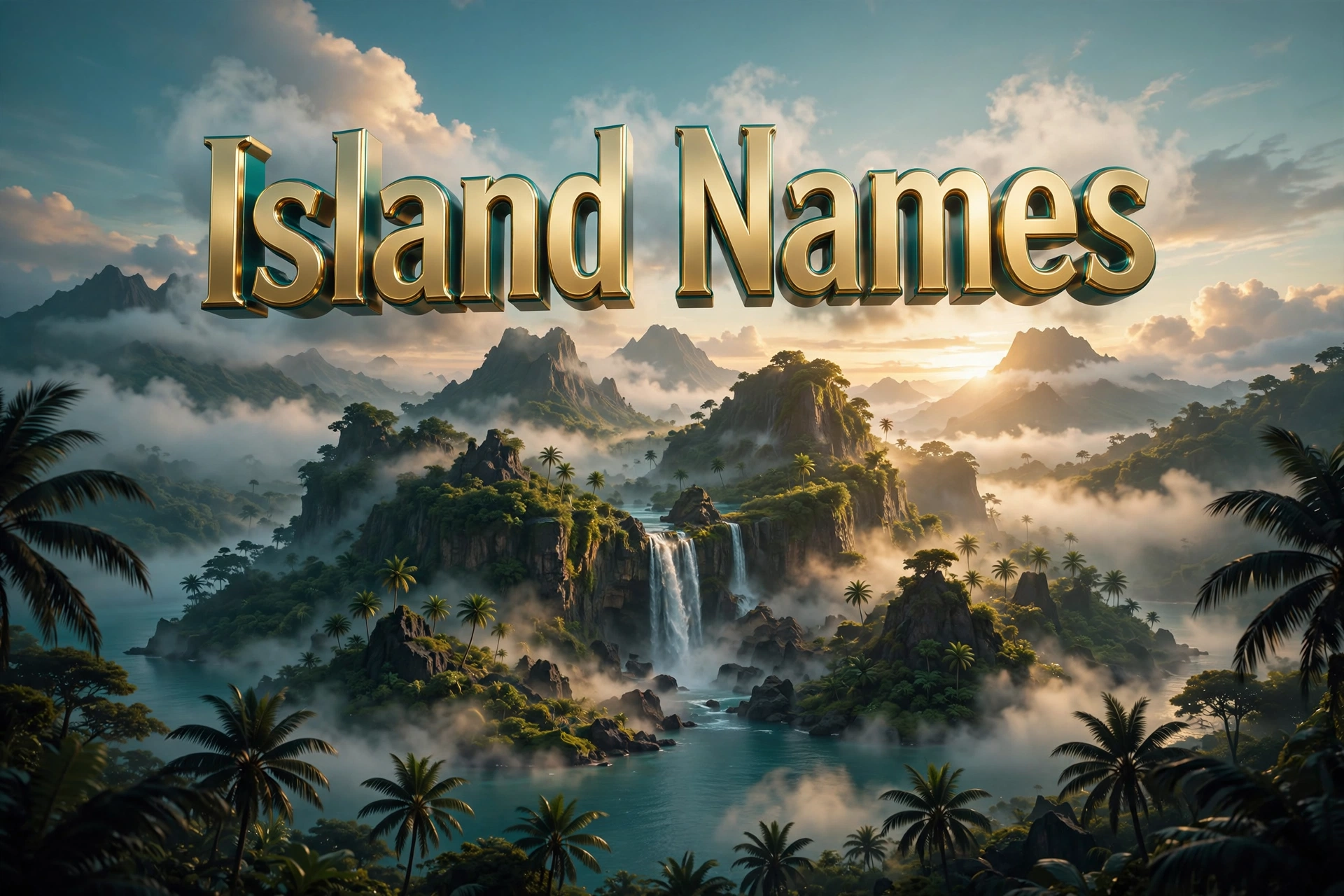 Island names for boys — 3D floating text above a volcanic island waterfall