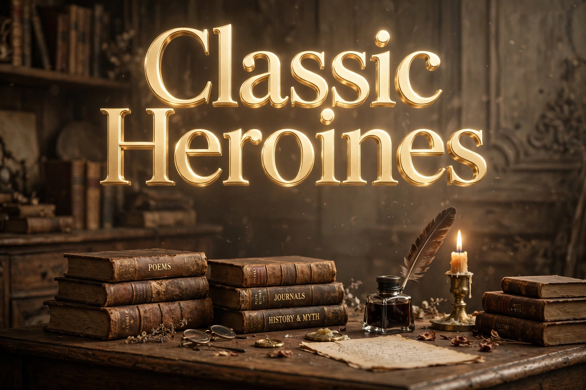 Classic literary names for girls — 3D floating text among vintage books and a quill pen