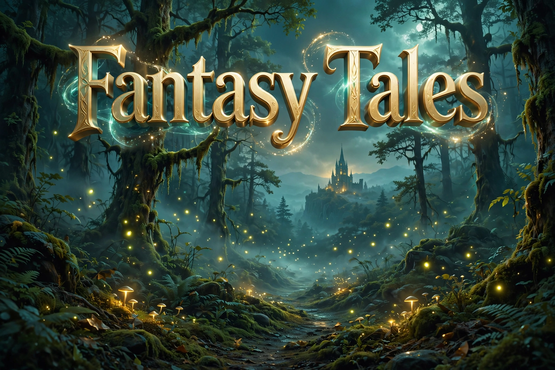 Fantasy literary names for girls — 3D floating text in a magical forest with a distant castle