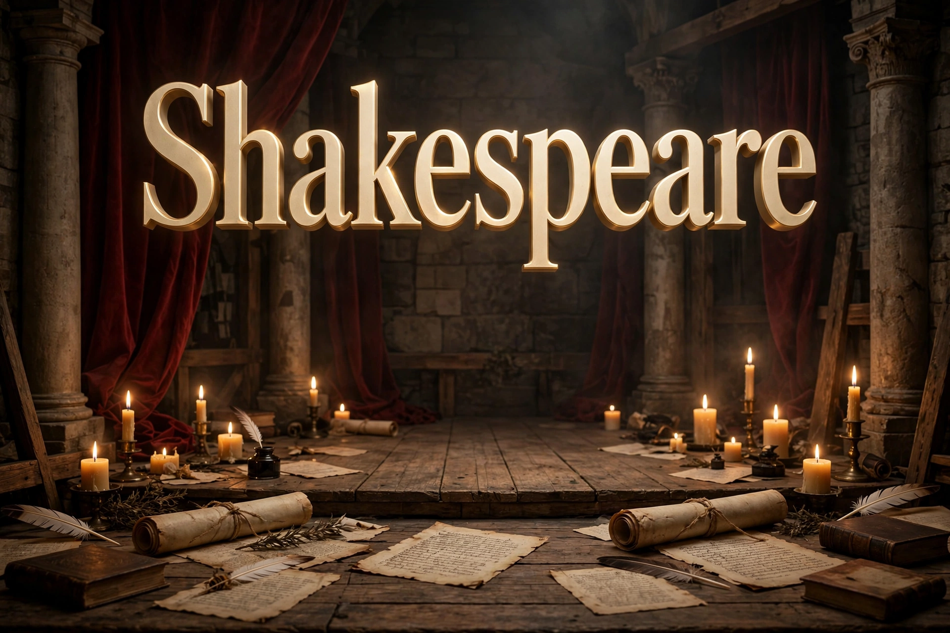 Shakespearean names for girls — 3D floating text on an Elizabethan theatre stage