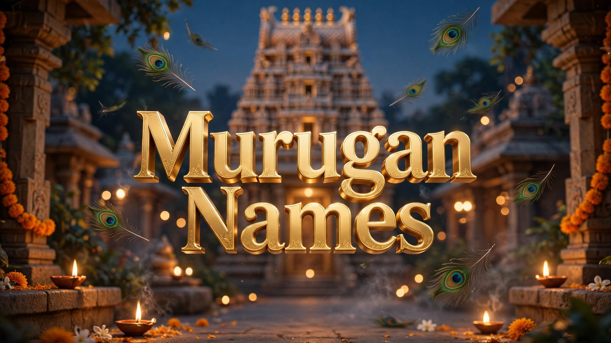Murugan Names — 3D floating text over a South Indian temple scene