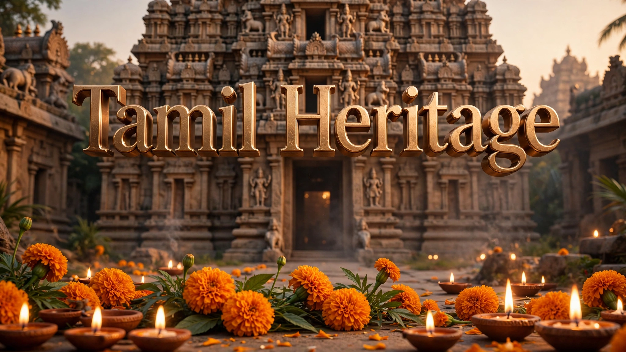 Tamil Heritage — bronze 3D text before a temple gopuram