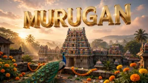 100 Murugan names for baby boy — 3D golden MURUGAN text over a South Indian temple.