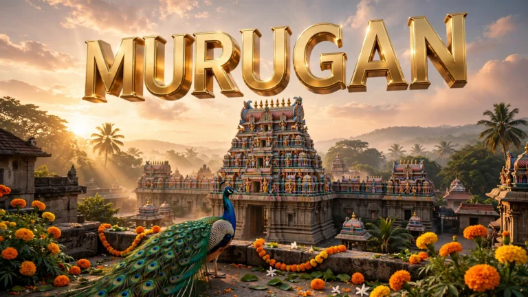 100 Murugan names for baby boy — 3D golden MURUGAN text over a South Indian temple.