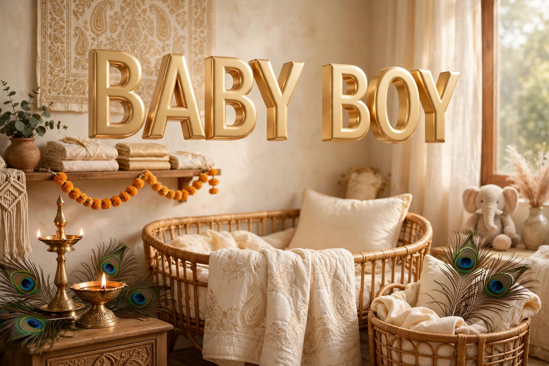 Baby boy names 3D floating text in a warm Indian nursery scene