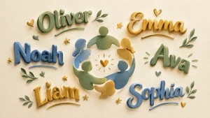 Illustration of friends standing in a circle with creative group names floating around them in 3D lettering.