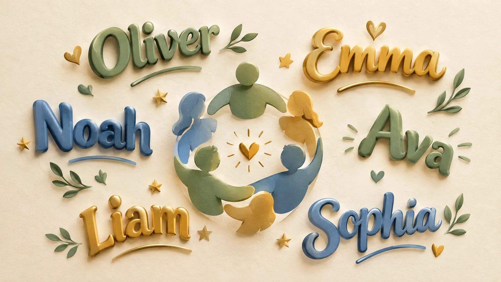 Illustration of friends standing in a circle with creative group names floating around them in 3D lettering.