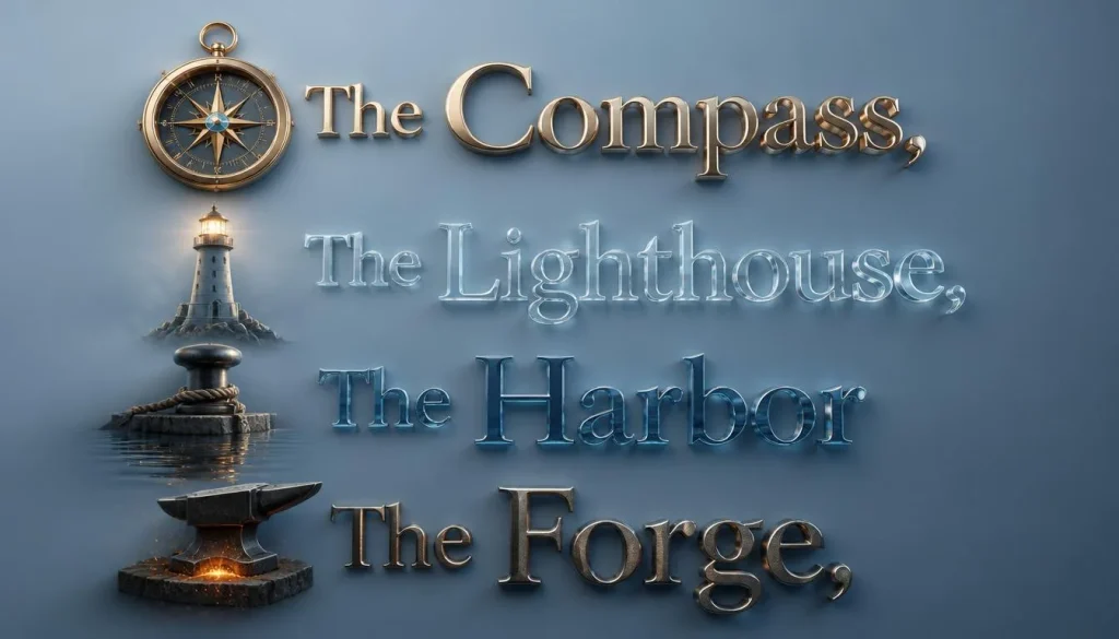 Meaningful group names like The Compass and The Lighthouse floating in 3D on a dusty-blue background.