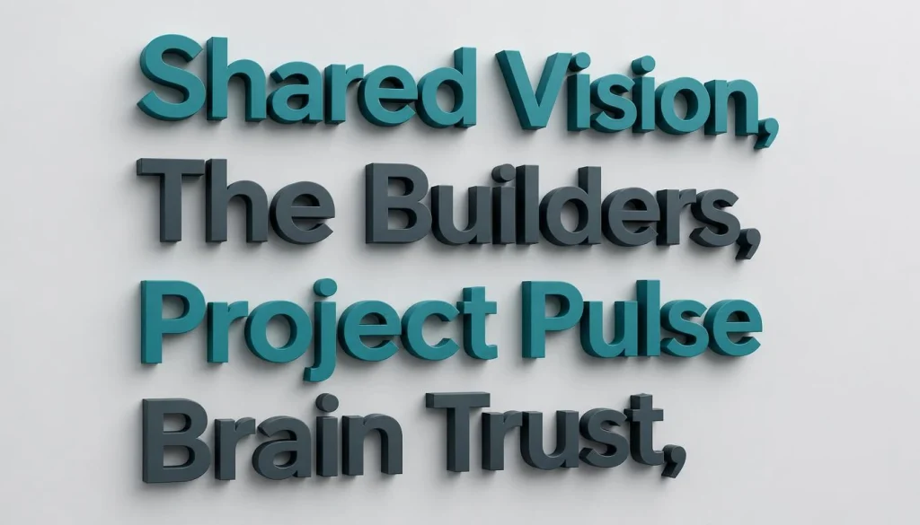 Professional team names like Shared Vision and The Builders floating as 3D text on a light-grey background.