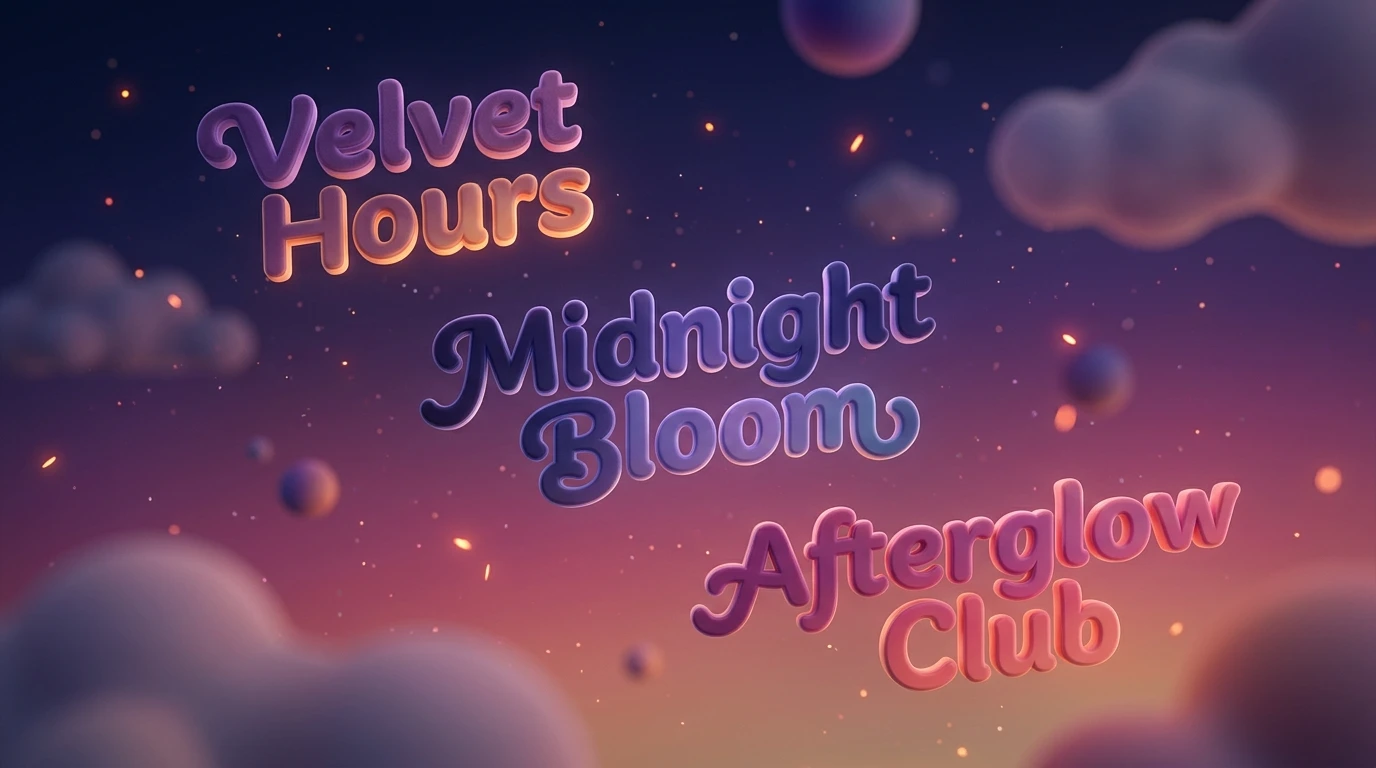 Floating 3D text Velvet Hours, Midnight Bloom and Afterglow Club over a dusk gradient