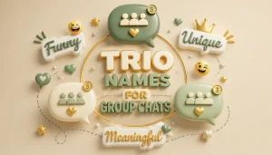 Three connected 3D chat bubbles with floating text reading Trio Names for Group Chats