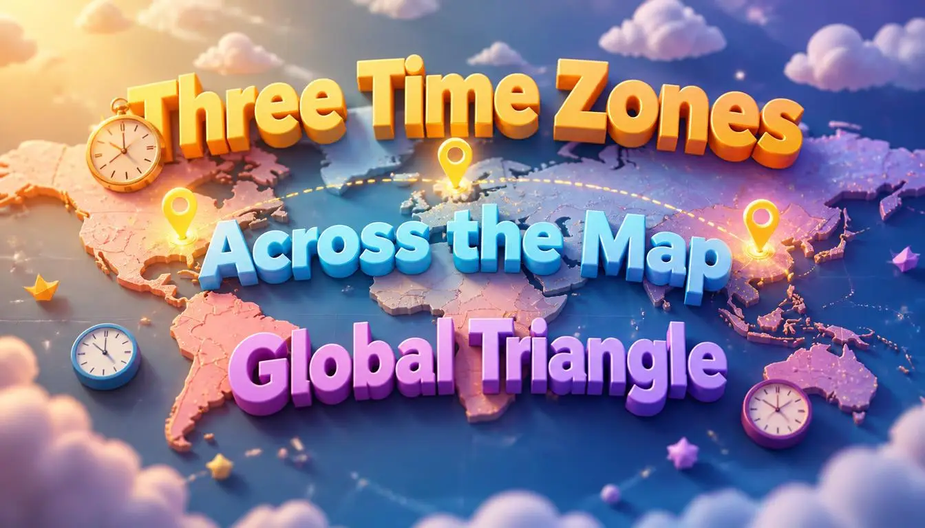 Floating 3D text Three Time Zones, Across the Map and Global Triangle over a glowing world map