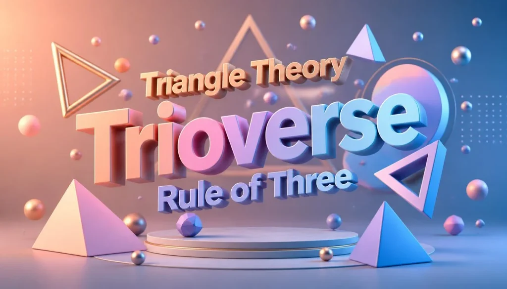 Floating 3D text Triangle Theory, Trioverse and Rule of Three among geometric shapes