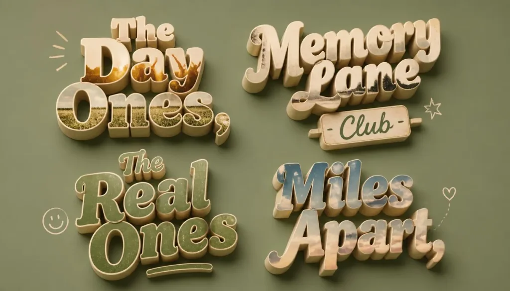 Friend group names like The Day Ones and Memory Lane Club floating as 3D text on a sage-green background.